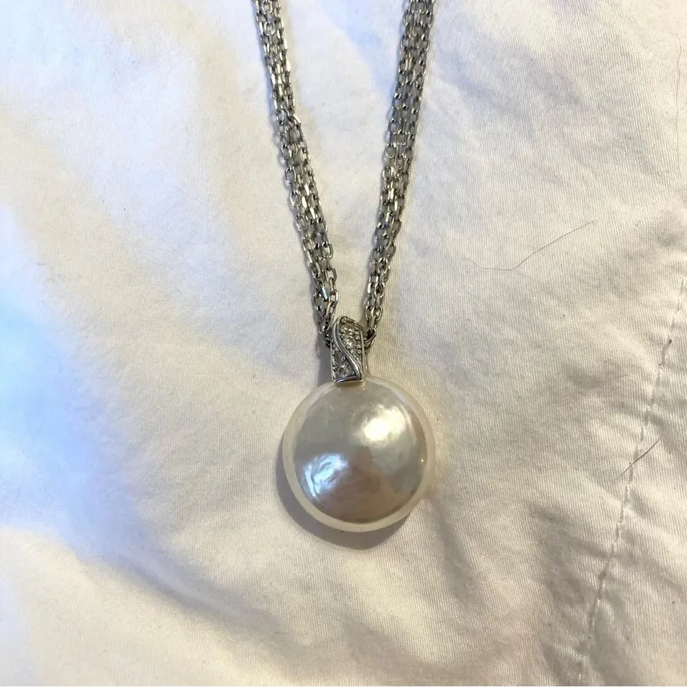 Majorica Sterling Silver Multi Strand Large Simulated Pearl Pendant Necklace